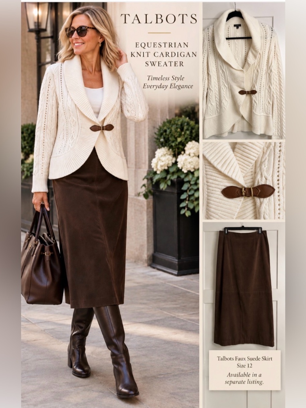 Talbots Ivory Cable Knit Shawl Collar Equestrian Buckle Cardigan Sweater | Sz L